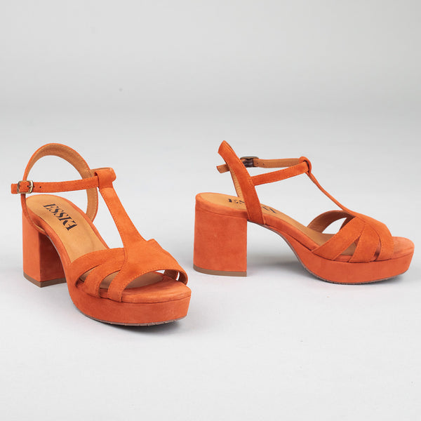 Esska Charlie Rust Mid Heel T-Bar Sandals