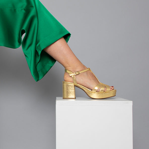 Esska Charlie Vegan Gold Mid Heel T-Bar Sandals