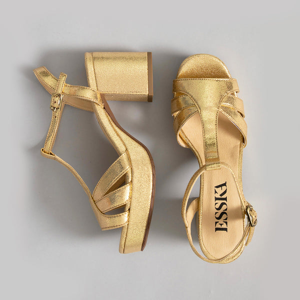 Esska Charlie Vegan Gold Mid Heel T-Bar Sandals