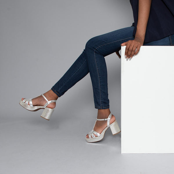 Esska Charlie Vegan Silver Mid Heel T-Bar Sandals
