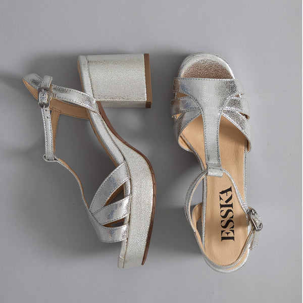 Esska Charlie Vegan Silver Mid Heel T-Bar Sandals
