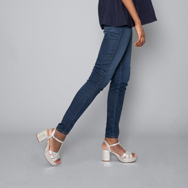 esska Charlie Vegan Silver Mid Heel T-Bar Sandals