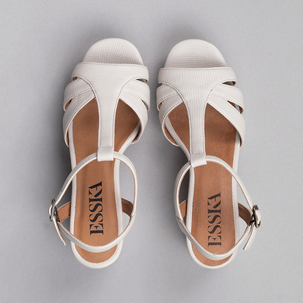 Esska Charlie Vegan White Mid Heel T-Bar Sandals