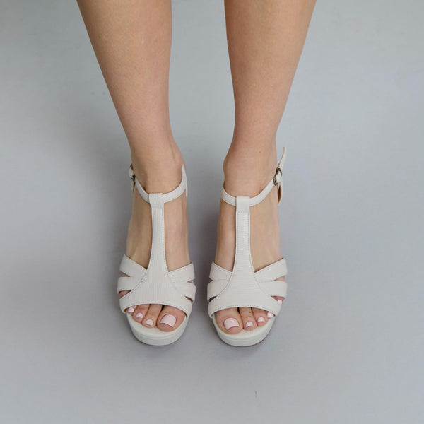 Esska Charlie Vegan White Mid Heel T-Bar Sandals