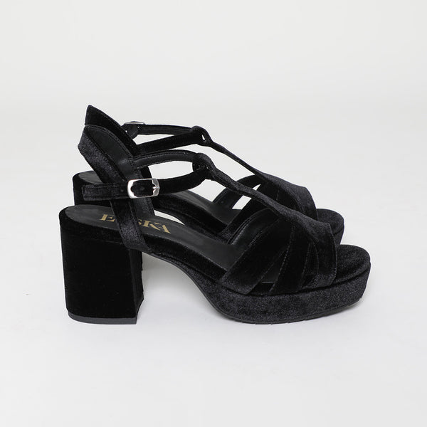 Esska Charlie Velvet Black Mid Heel T-Bar Sandals