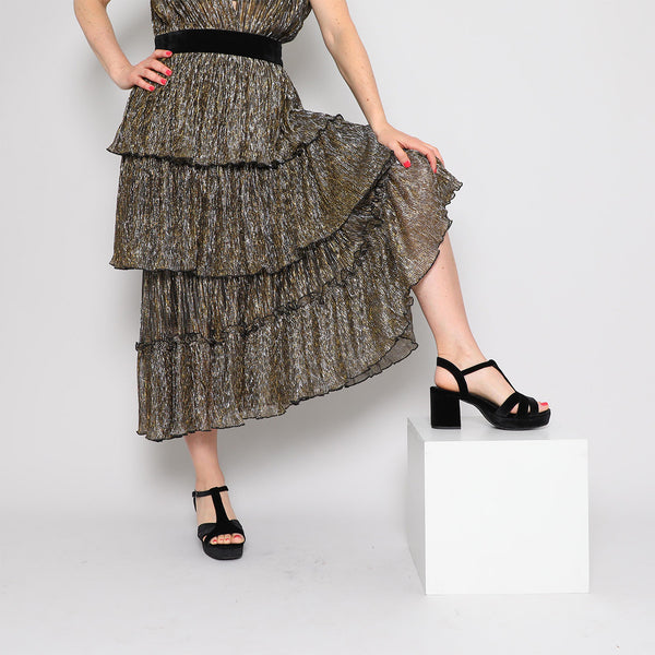 Esska Charlie Velvet Black Mid Heel T-Bar Sandals