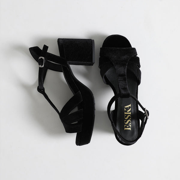 Esska Charlie Velvet Black Mid Heel T-Bar Sandals