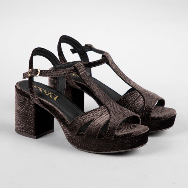 Esska Charlie Velvet Carbon Mid Heel T-Bar Sandals