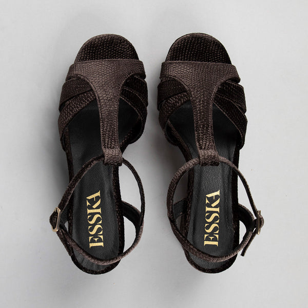 Esska Charlie Velvet Carbon Mid Heel T-Bar Sandals