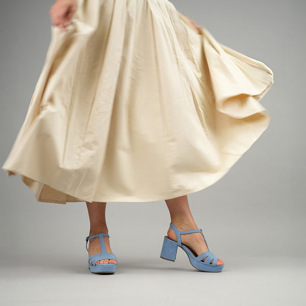 Esska Charlie WIDE Blue Mid Heel T-Bar Sandals