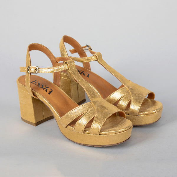 Esska Charlie WIDE Gold Mid Heel T-Bar Sandals