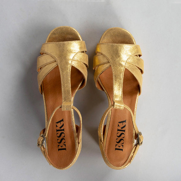 Esska Charlie WIDE Gold Mid Heel T-Bar Sandals