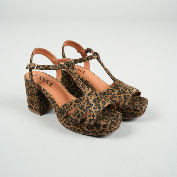 Esska Charlie WIDE Leopard Mid Heel T-Bar Sandals