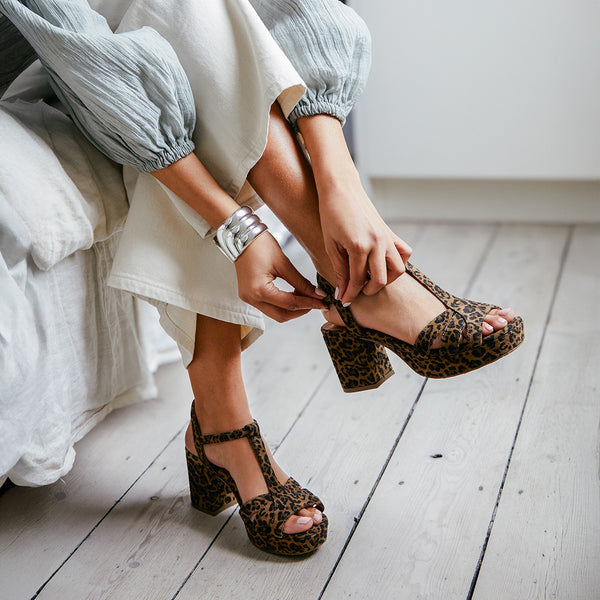 esska Charlie WIDE Leopard Mid Heel T-Bar Sandals