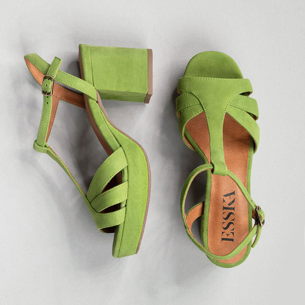 Esska Charlie WIDE Moss Mid Heel T-Bar Sandals