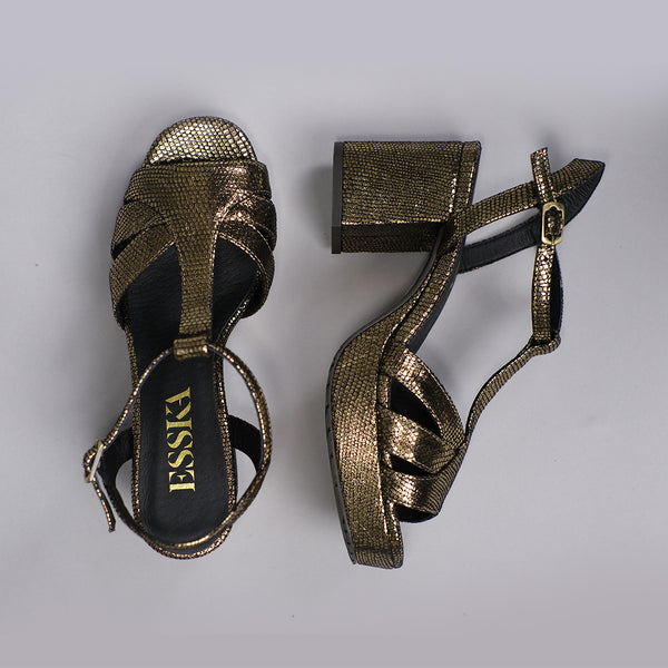 Esska Charlie WIDE Onyx Mid Heel T-Bar Sandals