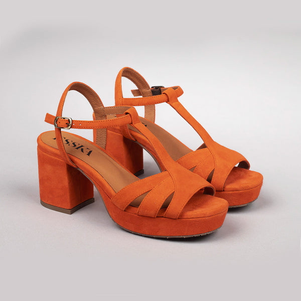 Esska Charlie WIDE Orange Mid Heel T-Bar Sandals