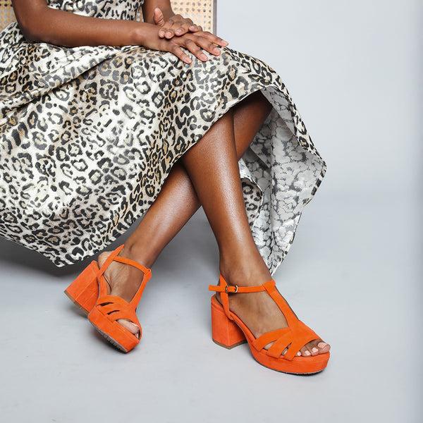 Esska Charlie WIDE Orange Mid Heel T-Bar Sandals