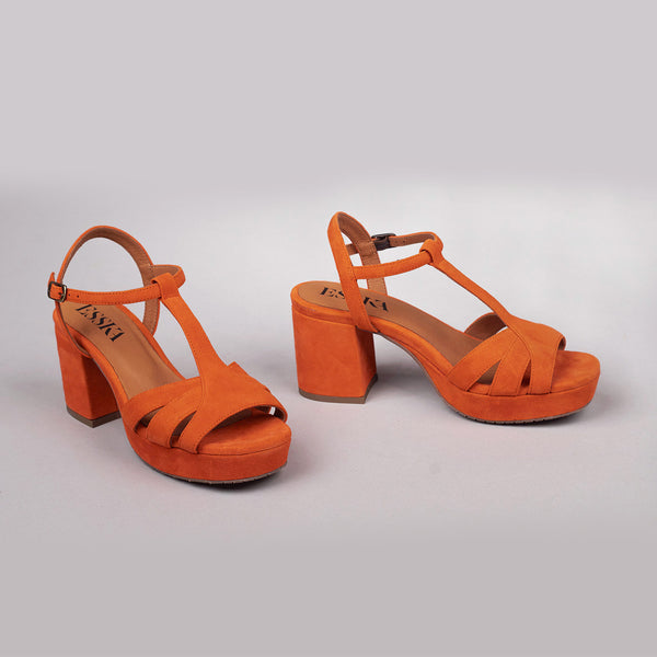 Esska Charlie WIDE Orange Mid Heel T-Bar Sandals