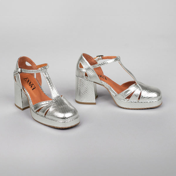 Esska Chaza Embossed Silver Mid Heel Shoe