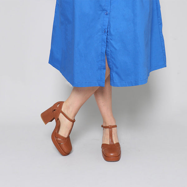 esska Chaza Tan Leather Mid Heel Shoe