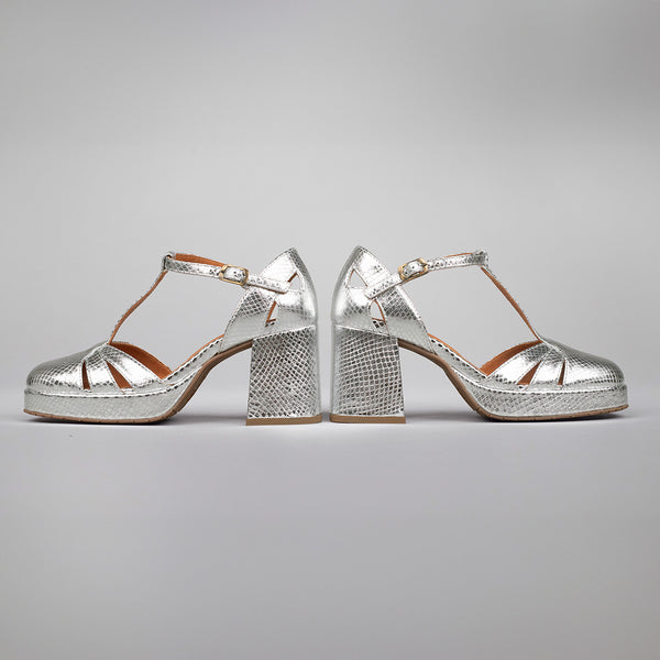 Esska Chaza WIDE Embossed Silver Mid Heel Shoe