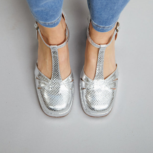 Esska Chaza WIDE Embossed Silver Mid Heel Shoe