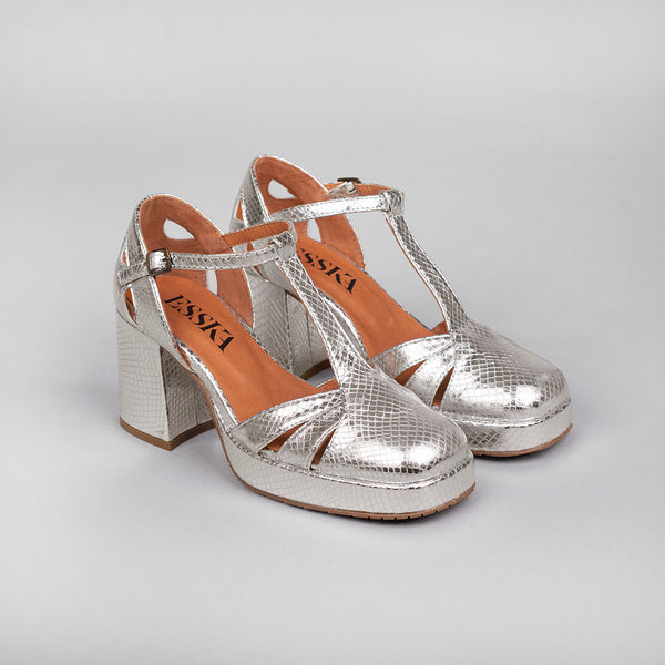 Esska Chaza WIDE Embossed Silver Mid Heel Shoe