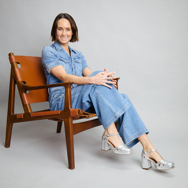 esska Chaza WIDE Embossed Silver Mid Heel Shoe