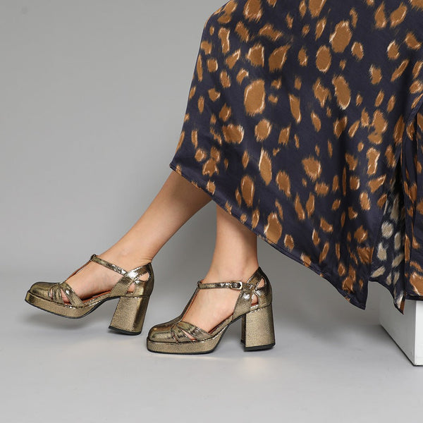 esska Chaza WIDE Onyx Metallic Mid Heel Sandal