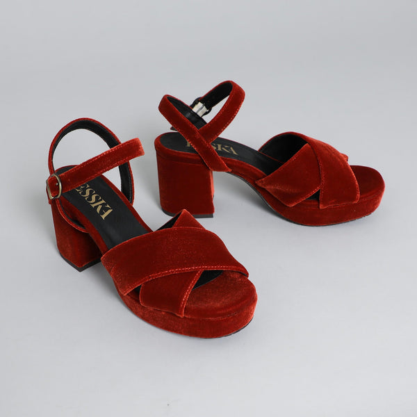 Esska Clara Velvet Burnt Orange Mid Heel Sandal