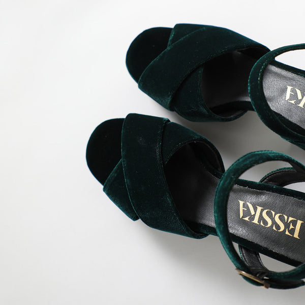 Esska Clara Velvet Dark Green Mid Heel Sandal