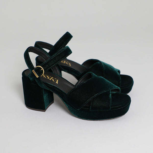 Esska Clara Velvet Dark Green Mid Heel Sandal