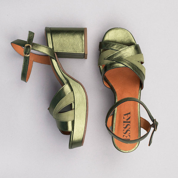 Esska Cleo Metallic Green Mid Heel Sandal