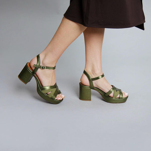 Esska Cleo Metallic Green Mid Heel Sandal