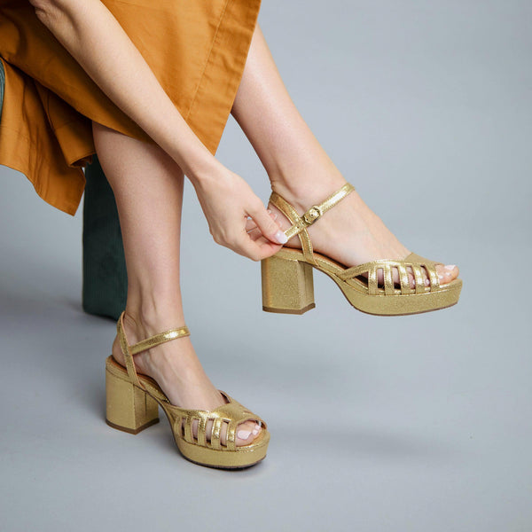 Esska Cristi WIDE Vegan Gold Mid Heel Sandal