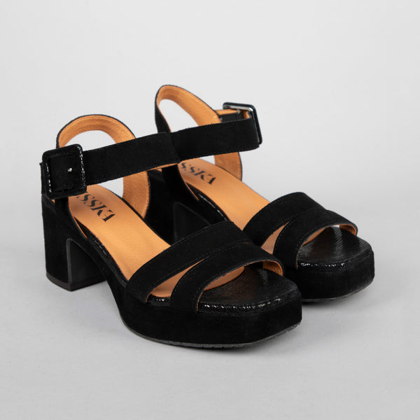 Esska Flora Black Suede Mid Heel Sandal