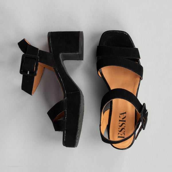Esska Flora Black Suede Mid Heel Sandal