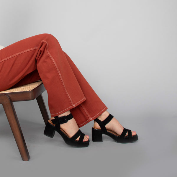 esska Flora Black Suede Mid Heel Sandal