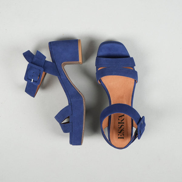 Esska Flora Ink Blue Mid Heel Suede Sandal