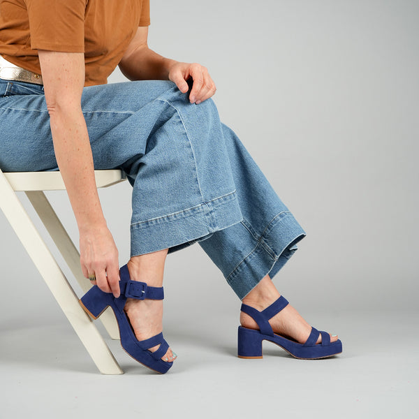 esska Flora Ink Blue Mid Heel Suede Sandal
