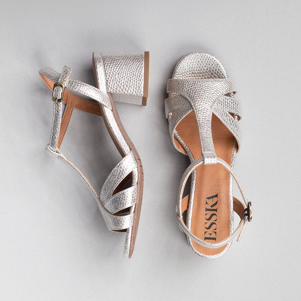 Esska Gabby Vegan Embossed Silver Low Heel Sandal