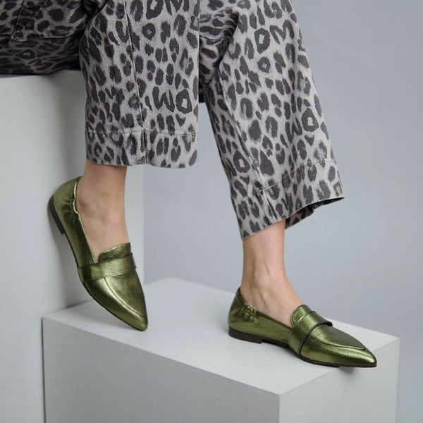 esska Hannah Metallic Green Flat Shoe