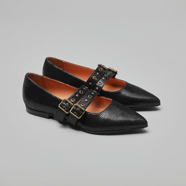 Esska Harper WIDE Metallic Black Flat Pointy Shoe