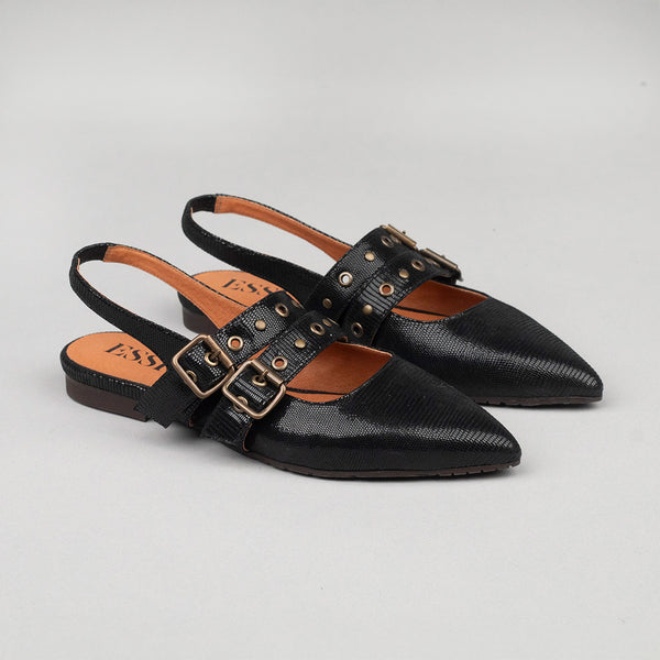 Esska Hope Metallic Black Flat Pointy Sling Back