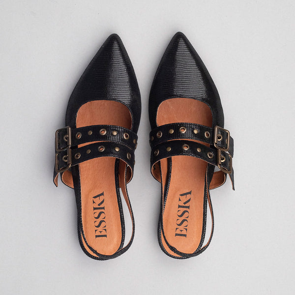 Esska Hope Metallic Black Flat Pointy Sling Back