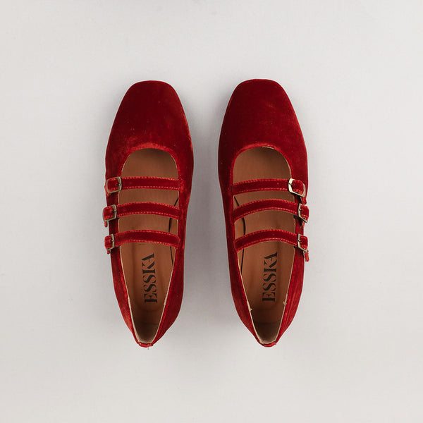 Esska Ilo Velvet Burnt Orange Three Strap Shoe