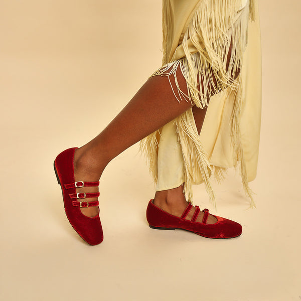 Esska Ilo Velvet Burnt Orange Three Strap Shoe