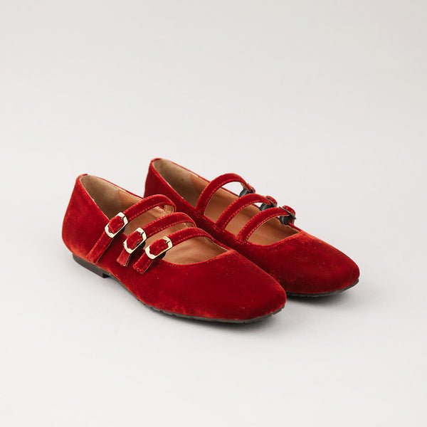 Esska Ilo Velvet Burnt Orange Three Strap Shoe