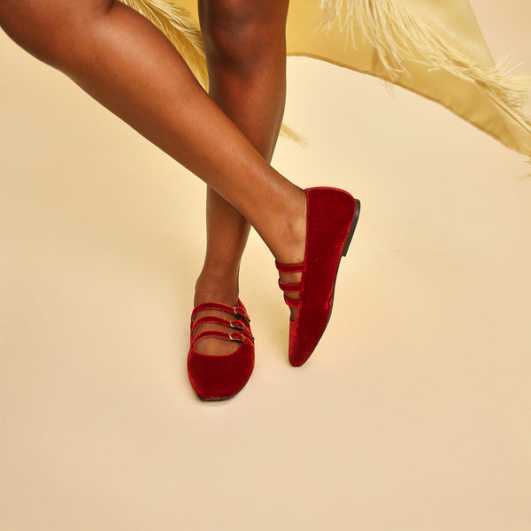 esska Ilo Velvet Burnt Orange Three Strap Shoe